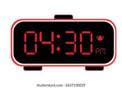 Digital Alarm Clock vector flat illustration of a digital clock displaying 04.30 pm . Illustration of alarm with led numbers digital clock design. Clock icon for hour, watch, alarm signs 4.30 pm