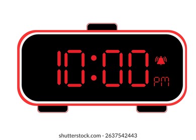 Digital Alarm Clock vector flat illustration of a digital clock displaying 10.00 pm . Illustration of alarm with led numbers digital clock design. Clock icon for hour, watch, alarm signs 10.00 pm