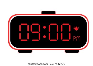 Digital Alarm Clock vector flat illustration of a digital clock displaying 09.00 pm . Illustration of alarm with led numbers digital clock design. Clock icon for hour, watch, alarm signs 9.00 pm
