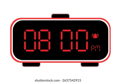 Digital Alarm Clock vector flat illustration of a digital clock displaying 08.00 pm . Illustration of alarm with led numbers digital clock design. Clock icon for hour, watch, alarm signs 8.00 pm