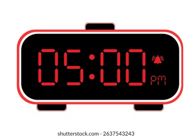 Digital Alarm Clock vector flat illustration of a digital clock displaying 05.00 pm . Illustration of alarm with led numbers digital clock design. Clock icon for hour, watch, alarm signs 5.00 pm