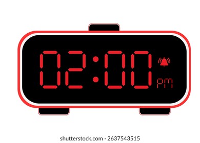 Digital Alarm Clock vector flat illustration of a digital clock displaying 02.00 pm . Illustration of alarm with led numbers digital clock design. Clock icon for hour, watch, alarm signs 2.00 pm