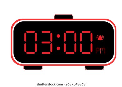 Digital Alarm Clock vector flat illustration of a digital clock displaying 03.00 pm . Illustration of alarm with led numbers digital clock design. Clock icon for hour, watch, alarm signs 3.00 pm