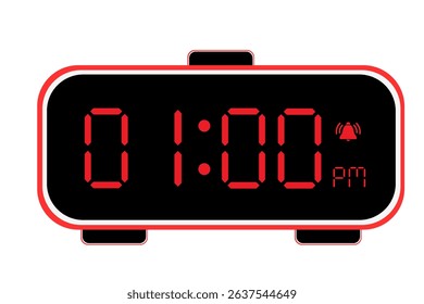 Digital Alarm Clock vector flat illustration of a digital clock displaying 01.00 pm . Illustration of alarm with led numbers digital clock design. Clock icon for hour, watch, alarm signs 1.00 pm