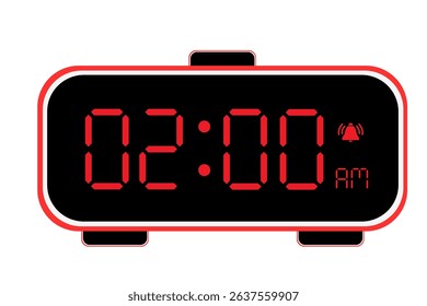 Digital Alarm Clock vector flat illustration of a digital clock displaying 02.00 am . Illustration of alarm with led numbers digital clock design. Clock icon for hour, watch, alarm signs 2.00 am