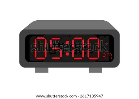 Digital Alarm Clock vector flat illustration of a digital clock displaying 05.00 am . Illustration of alarm with numbers digital clock design. Clock icon for hour, watch, alarm signs 5 am