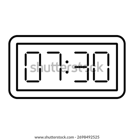 Digital alarm clock vector icon. Simple black outline of electronic display showing time 07:30. Minimal flat line art design for time, schedule, or wake-up symbol use.