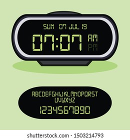 Digital alarm clock. Vector Illustration, on green background