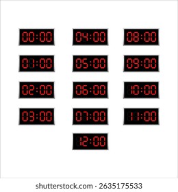 Digital Alarm Clock Vector Illustration Set with LCD Display Countdown Timer Modern Flat Design Icons Clipart of Electronic Device Isolated on White Background
