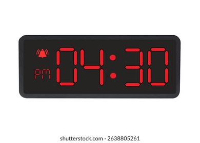 Digital Alarm Clock vector isolated on white background of a digital clock displaying 04.30 pm with led numbers digital clock design. Clock icon for hour, watch, alarm signs 4.30 pm
