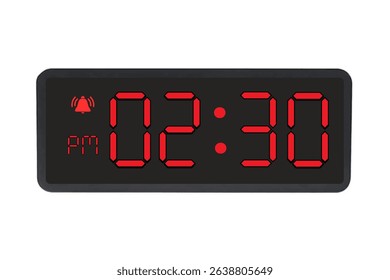 Digital Alarm Clock vector isolated on white background of a digital clock displaying 02.30 pm with led numbers digital clock design. Clock icon for hour, watch, alarm signs 2.30 pm