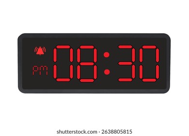 Digital Alarm Clock vector isolated on white background of a digital clock displaying 08.30 pm with led numbers digital clock design. Clock icon for hour, watch, alarm signs 8.30 pm