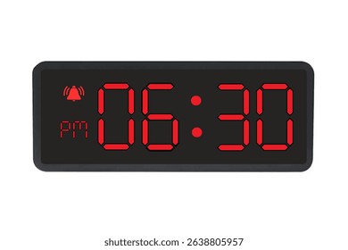 Digital Alarm Clock vector isolated on white background of a digital clock displaying 06.30 pm with led numbers digital clock design. Clock icon for hour, watch, alarm signs 6.30 pm