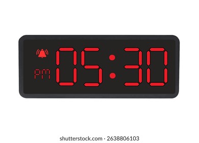 Digital Alarm Clock vector isolated on white background of a digital clock displaying 05.30 pm with led numbers digital clock design. Clock icon for hour, watch, alarm signs 5.30 pm