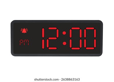Digital Alarm Clock vector isolated on white background of a digital clock displaying 12.00 pm with led numbers digital clock design. Clock icon for hour, watch, alarm signs 12 pm