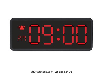 Digital Alarm Clock vector isolated on white background of a digital clock displaying 09.00 pm with led numbers digital clock design. Clock icon for hour, watch, alarm signs 9 pm