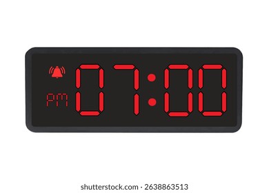 Digital Alarm Clock vector isolated on white background of a digital clock displaying 07.00 pm with led numbers digital clock design. Clock icon for hour, watch, alarm signs 7 pm