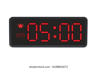 Digital Alarm Clock vector isolated on white background of a digital clock displaying 05.00 pm with led numbers digital clock design. Clock icon for hour, watch, alarm signs 5 pm