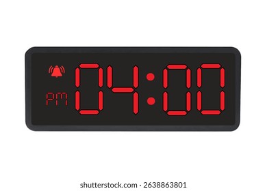 Digital Alarm Clock vector isolated on white background of a digital clock displaying 04.00 pm with led numbers digital clock design. Clock icon for hour, watch, alarm signs 4 pm