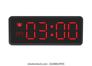 Digital Alarm Clock vector isolated on white background of a digital clock displaying 03.00 pm with led numbers digital clock design. Clock icon for hour, watch, alarm signs 3 pm