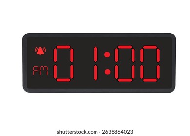 Digital Alarm Clock vector isolated on white background of a digital clock displaying 01.00 pm with led numbers digital clock design. Clock icon for hour, watch, alarm signs 1 pm