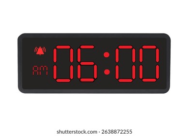 Digital Alarm Clock vector isolated on white background of a digital clock displaying 06.00 am with led numbers digital clock design. Clock icon for hour, watch, alarm signs 6 am