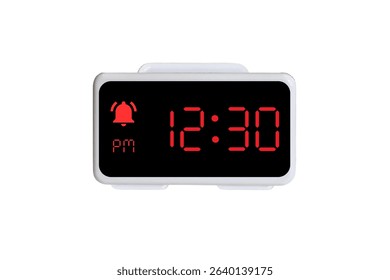 Digital Alarm Clock vector isolated on white background of a digital clock displaying 12.30 pm with led numbers digital clock design. Clock icon for hour, watch, alarm signs 12.30 pm
