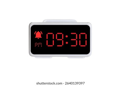Digital Alarm Clock vector isolated on white background of a digital clock displaying 09.30 pm with led numbers digital clock design. Clock icon for hour, watch, alarm signs 9.30 pm