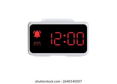 Digital Alarm Clock vector isolated on white background of a digital clock displaying 12.00 pm with led numbers digital clock design. Clock icon for hour, watch, alarm signs 12 pm