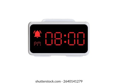 Digital Alarm Clock vector isolated on white background of a digital clock displaying 08.00 pm with led numbers digital clock design. Clock icon for hour, watch, alarm signs 8 pm