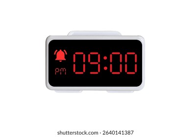Digital Alarm Clock vector isolated on white background of a digital clock displaying 09.00 pm with led numbers digital clock design. Clock icon for hour, watch, alarm signs 9 pm