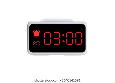 Digital Alarm Clock vector isolated on white background of a digital clock displaying 03.00 pm with led numbers digital clock design. Clock icon for hour, watch, alarm signs 3 pm