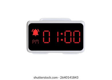 Digital Alarm Clock vector isolated on white background of a digital clock displaying 01.00 pm with led numbers digital clock design. Clock icon for hour, watch, alarm signs 1 pm