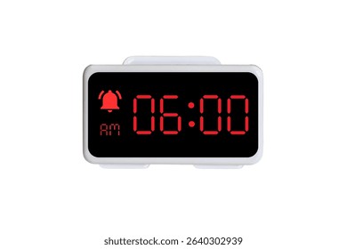 Digital Alarm Clock vector isolated on white background of a digital clock displaying 06.00 am with led numbers digital clock design. Clock icon for hour, watch, alarm signs 6 am