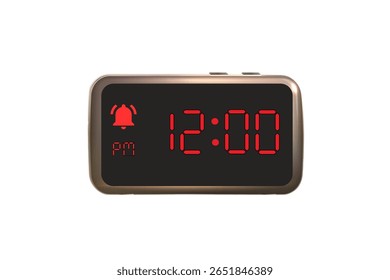 Vetor de relógio de alarme digital isolado no fundo branco de um relógio digital exibindo 12.00 pm com números de led design de relógio digital. Ícone de relógio para hora, relógio, sinais de alarme 12 pm