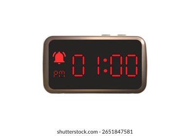 Vetor relógio de alarme digital isolado no fundo branco de um relógio digital exibindo 01.00 pm com números de led design relógio digital. Ícone de relógio para hora, relógio, sinais de alarme 1 pm