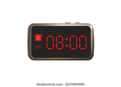 Digital Alarm Clock vector isolated on white background of a digital clock displaying 08.00 pm with led numbers digital clock design. Clock icon for hour, watch, alarm signs 8 pm