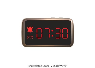 Digital Alarm Clock vector isolated on white background of a digital clock displaying 07.30 pm with led numbers digital clock design. Clock icon for hour, watch, alarm signs 7.30 pm