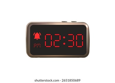 Digital Alarm Clock vector isolated on white background of a digital clock displaying 02.30 pm with led numbers digital clock design. Clock icon for hour, watch, alarm signs 2.30 pm
