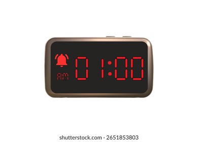 Vetor de relógio de alarme digital isolado no fundo branco de um relógio digital exibindo 01.00 am com números de led design de relógio digital. Ícone de relógio para hora, relógio, sinais de alarme 1 am