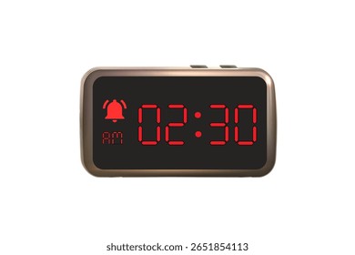 Digital Alarm Clock vector isolated on white background of a digital clock displaying 02.30 am with led numbers digital clock design. Clock icon for hour, watch, alarm signs 2.30 am