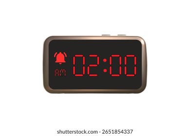Vetor de relógio de alarme digital isolado no fundo branco de um relógio digital exibindo 02.00 am com números de led design de relógio digital. Ícone de relógio para hora, relógio, sinais de alarme 2 am