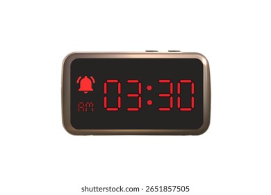 Digital Alarm Clock vector isolated on white background of a digital clock displaying 03.30 am with led numbers digital clock design. Clock icon for hour, watch, alarm signs 3.30 am