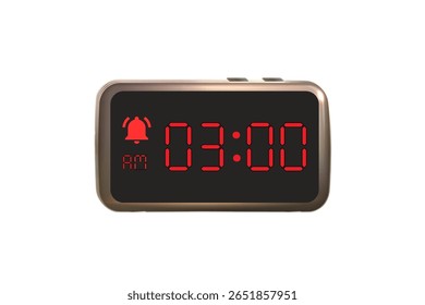 Vetor de relógio de alarme digital isolado no fundo branco de um relógio digital exibindo 03.00 am com números de led design de relógio digital. Ícone de relógio para hora, relógio, sinais de alarme 3 am