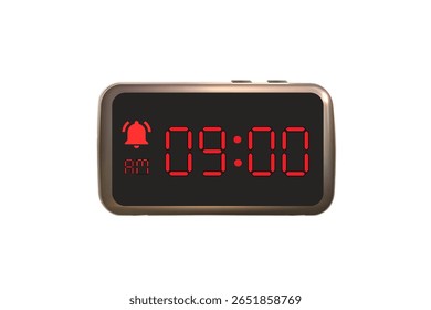 Vetor de relógio de alarme digital isolado no fundo branco de um relógio digital exibindo 09.00 am com números de led design de relógio digital. Ícone de relógio para hora, relógio, sinais de alarme 9 am