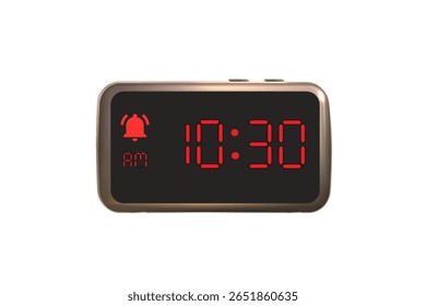Digital Alarm Clock vector isolated on white background of a digital clock displaying 10.30 am with led numbers digital clock design. Clock icon for hour, watch, alarm signs 10.30 am