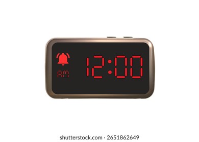Vetor relógio de alarme digital isolado no fundo branco de um relógio digital exibindo 12.00 am com números de led design relógio digital. Ícone de relógio para hora, relógio, sinais de alarme 12 am