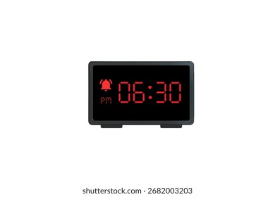 Vetor de relógio de alarme digital isolado no fundo branco de um relógio digital exibindo 06.30 pm com números de led design de relógio digital. Ícone de relógio para hora, relógio, sinais de alarme 6.30 pm