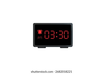 Vetor de relógio de alarme digital isolado no fundo branco de um relógio digital exibindo 03.30 pm com números de led design de relógio digital. Ícone de relógio para hora, relógio, sinais de alarme 3.30 pm