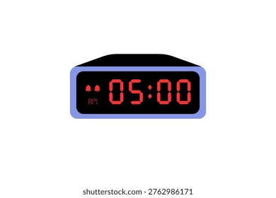 Digital Alarm Clock vector isolated on white background of a digital clock displaying 05.00 am with led numbers Light gray, red, black digital clock design Vector flat illustration. Illustration of alarm with digital number clock icon for hour, watch, alarm signs 5.00 am - Powered by Shutterstock - Get 15% off with code: PIKWIZARD15